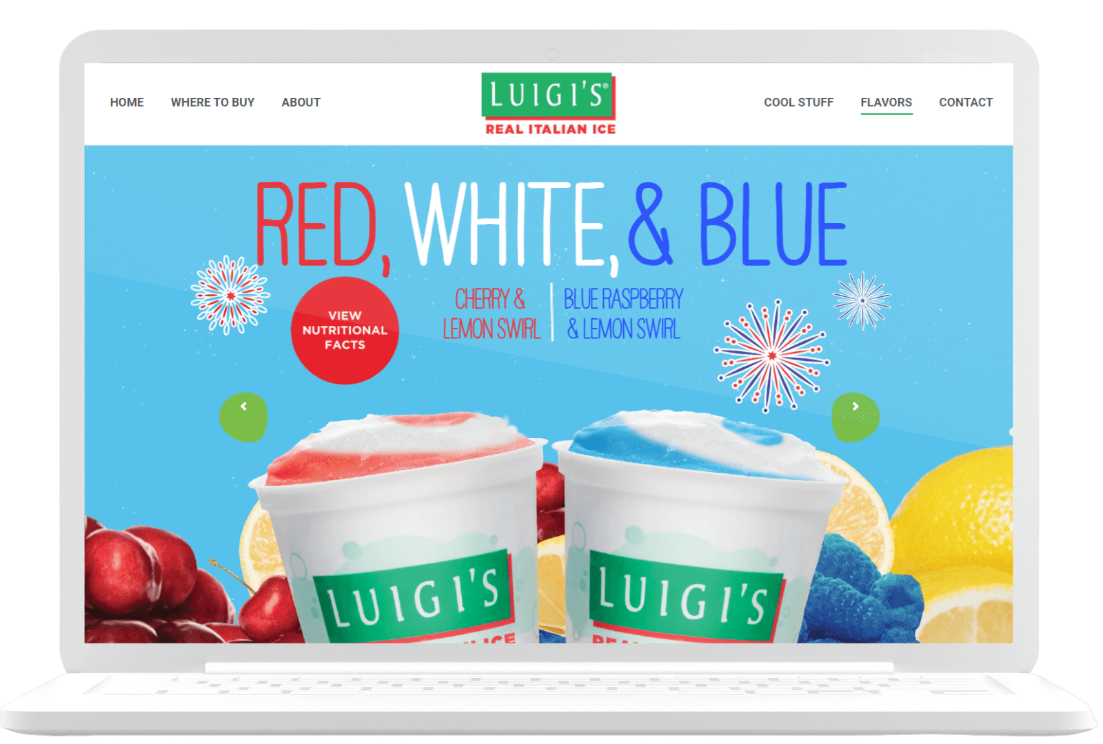 A laptop displays the Luigi's Real Italian Ice website, featuring a summer promotion with cherry and lemon swirl and blue raspberry and lemon swirl flavors. The page has vibrant images of the ice in cups, surrounded by fresh fruits and a cheerful, colorful background.