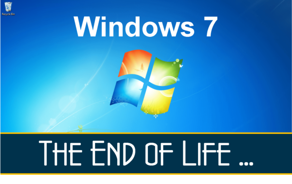 A Windows 7 desktop with the Recycle Bin icon in the top left corner. The Windows 7 logo is prominently displayed in the center. Below the logo, text reads "Windows 7 End of Life..." in white against a dark blue background.