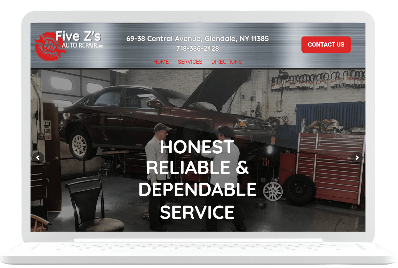 A laptop screen displays the website of Five Z's Auto Repair. The page shows an image of a mechanic working under a lifted car in a garage. The text reads "Honest, Reliable & Dependable Service." Contact information and navigation options are also visible.