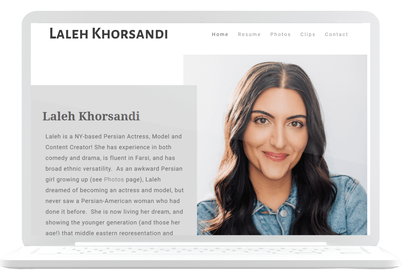 A laptop screen displaying a webpage of Laleh Khorsandi, featuring her name at the top with sections labeled Home, Resume, Photos, Clips, and Contact. Below, there is a headshot of Laleh Khorsandi smiling, accompanied by a brief bio about her career and background.