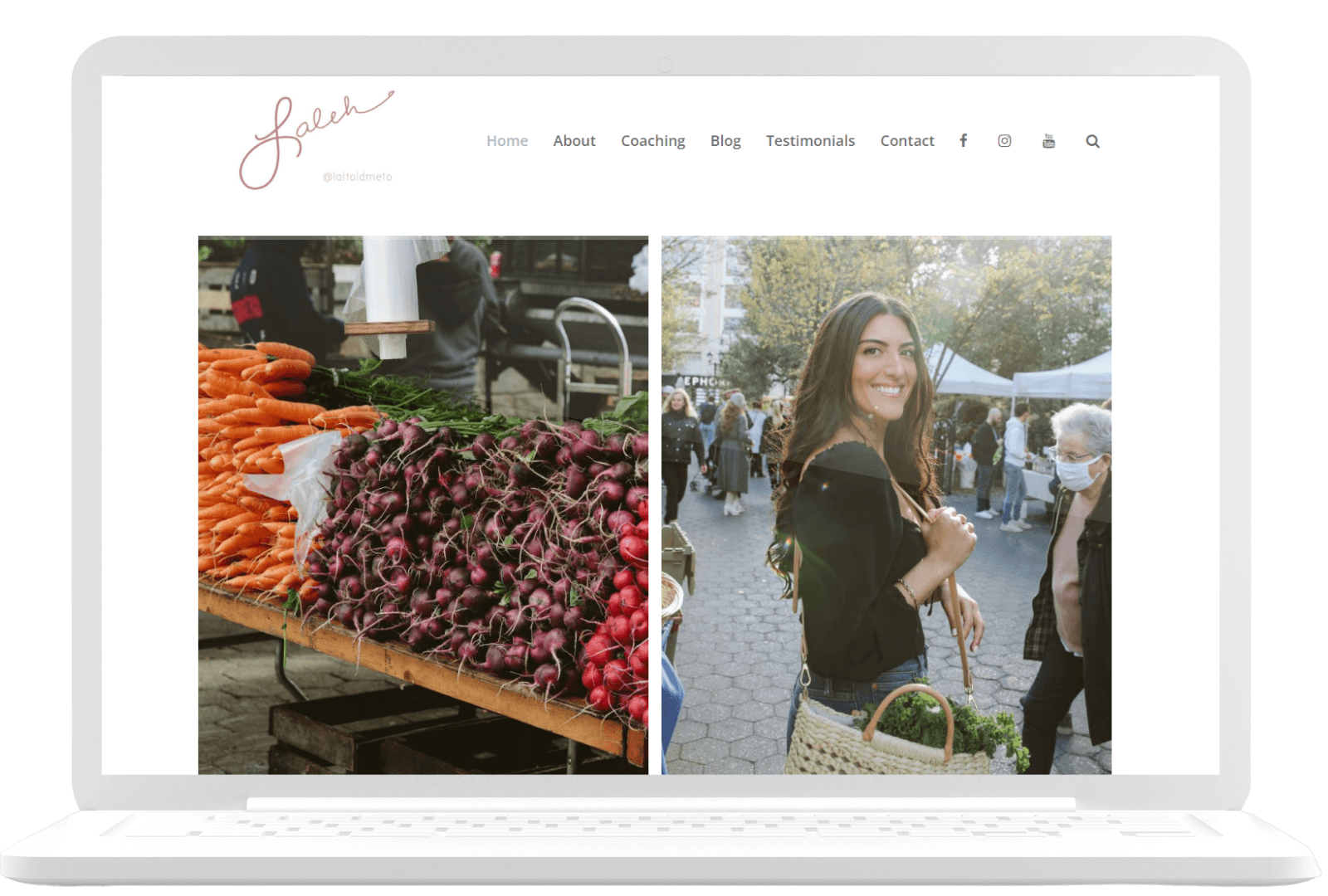 A white laptop screen displays a website with an “About” section, coaching, blog, testimonials, and contact links. The site shows two images: fresh produce including carrots and radishes on the left, and a smiling woman with long hair holding a basket on the right.
