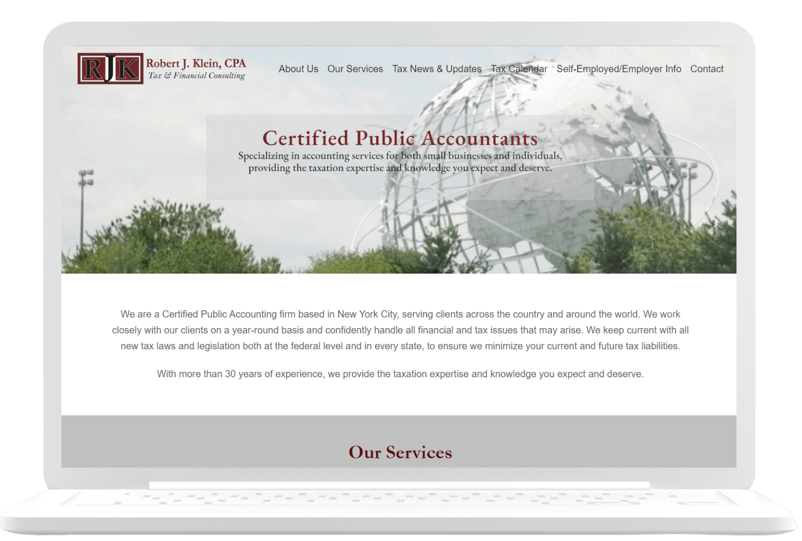 Screenshot of the homepage of Robert J. Klein, CPA, a Certified Public Accounting firm. The banner includes the firm’s logo and a tagline about providing tax, financial, and accounting services. Below, an "Our Services" section introduces the firm's offerings.