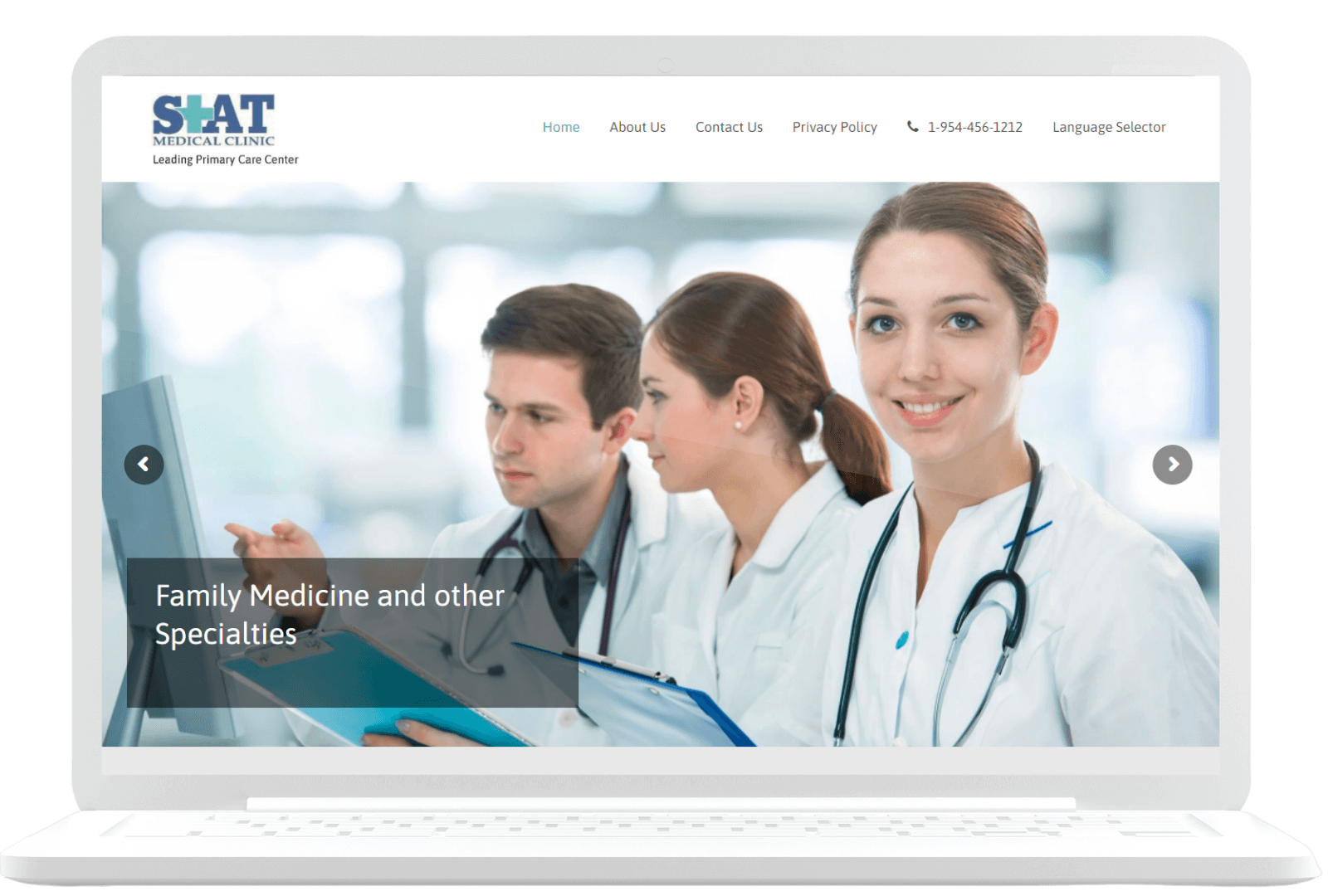 A laptop screen displays the website for STAT Medical Clinic, showing a smiling female doctor in the foreground and two other medical professionals in the background. The site mentions "Family Medicine and other Specialties" and includes contact information and navigation links.
