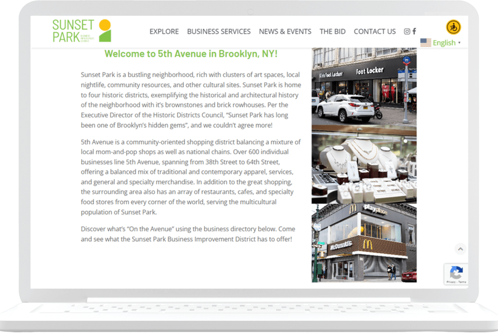 A laptop screen displays the Sunset Park BID website showcasing "Welcome to 5th Avenue in Brooklyn, NY!" The webpage highlights local shopping, dining, and cultural attractions, including images of storefronts and a jewelry store. The navigation menu is visible at the top.